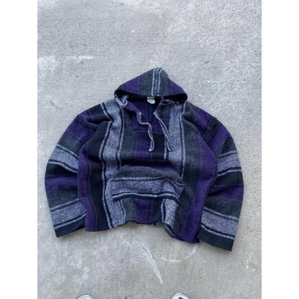 Vintage Pilotzi Hoodie Mens Large Purple Black Striped Baja Pullover Mexican Boh